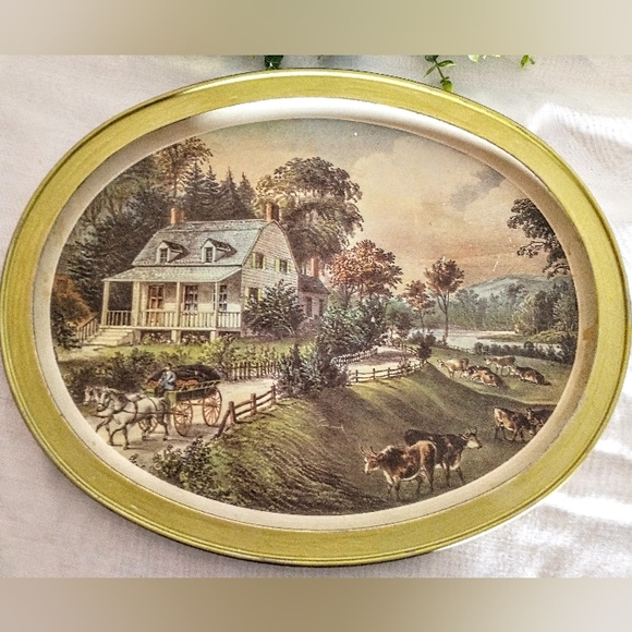 Vintage Currier & Ives Oval Tray - "The American Homestead" - Picture 2 of 11